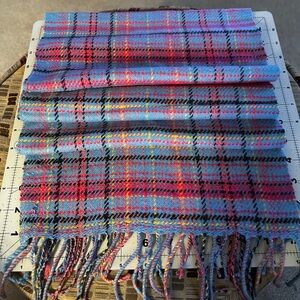 NWOT 11x64” 100% Cashmere Colorful Plaid Fringe Scarf